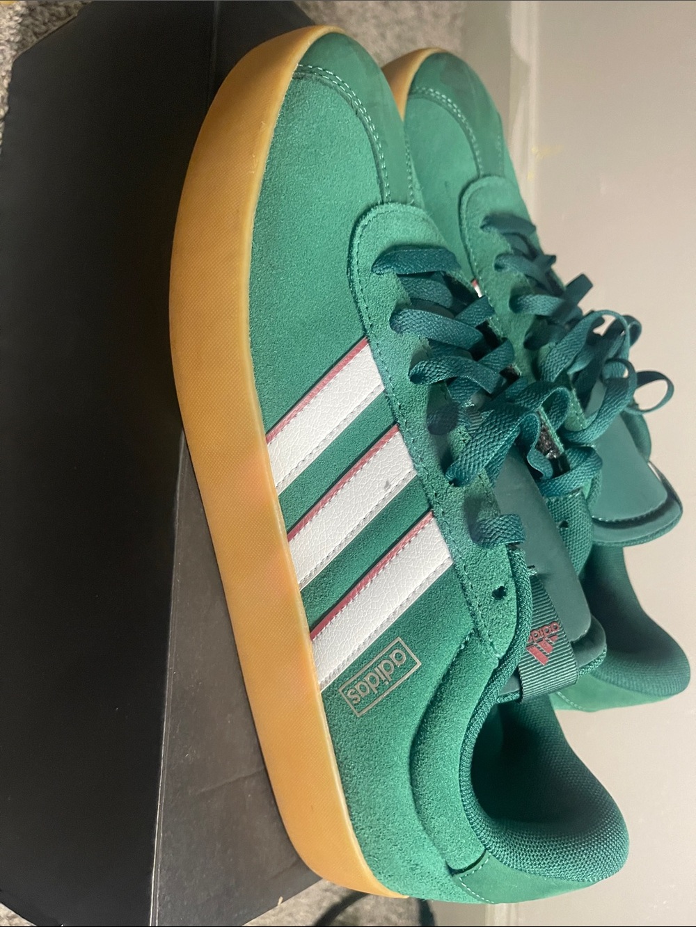 adidas Men's Green Suede Skate Sneakers with Gum Sole and White Stripes